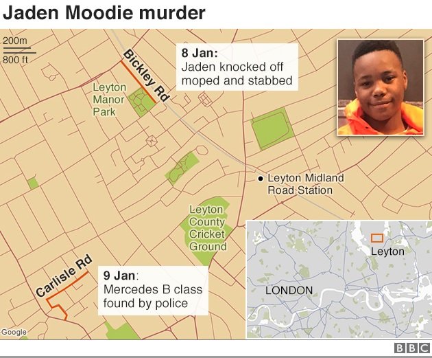 Карта, показывающая места расследования убийства Джейдена Муди