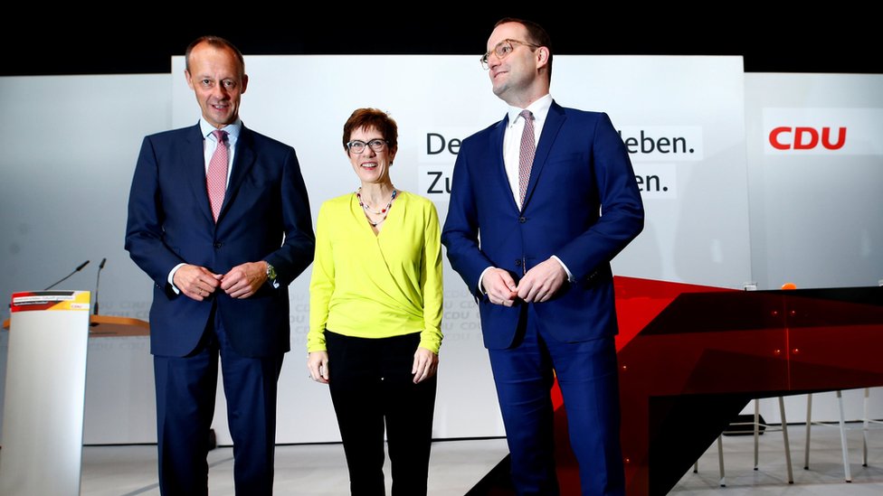 CDU liderlik adayları Friedrich Merz (solda), Annegret Kramp-Karrenbauer ve Jens Spahn