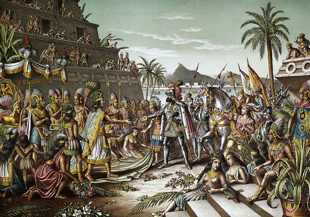 This 1892 color lithograph, "Entry of the Cortes into Mexico," illustrates the first meeting between Cortés and Moctezuma, on November 8, 1519.