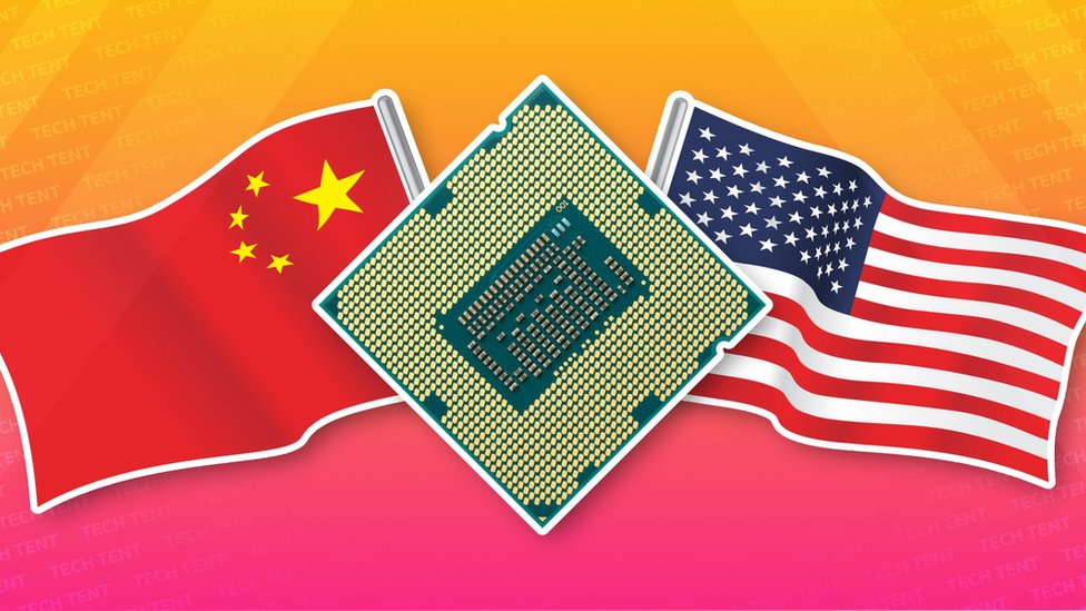 A computer chip beside the China and US flags