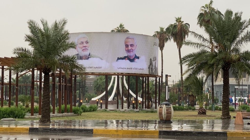 An image of al-Muhandis (left) and Soleimani (right) on a billboard in Baghdad