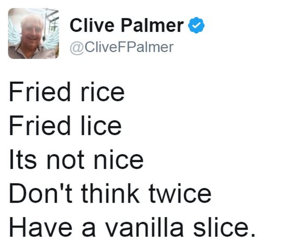 Твит Клайва Палмера гласит: «Жареный рис / Жареные вши / Это (sic) неприятно / Не думай дважды / Есть кусочек ванили»