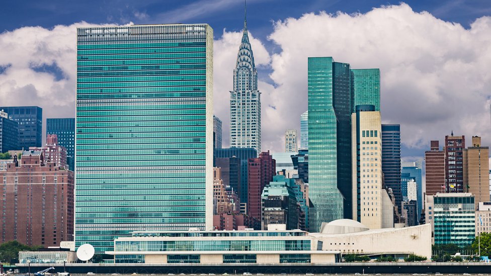 United Nations headquarters on New York skyline