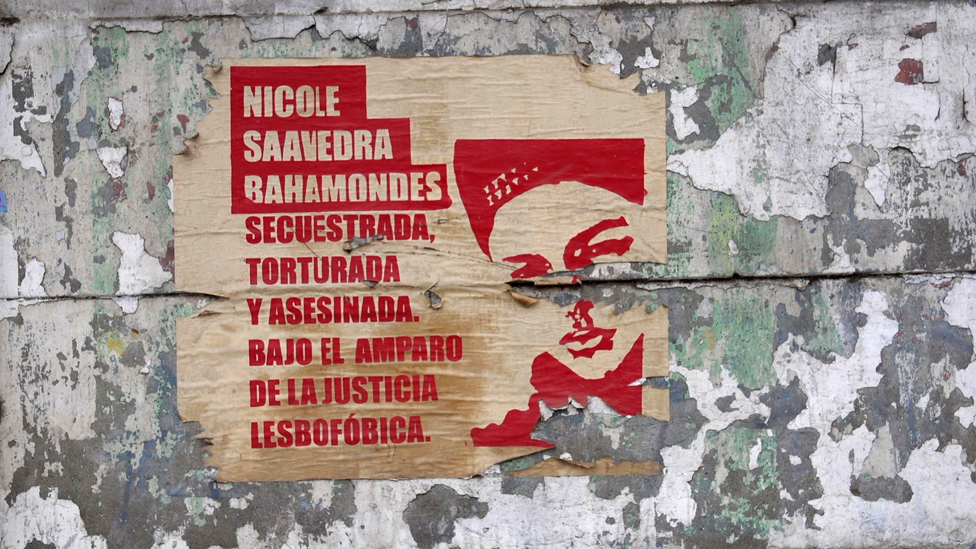 Poster con un dibujo de Nicole en el que se denuncia el crimen.