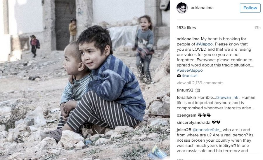 Пост об Алеппо от супермодели Адрианы Лимы