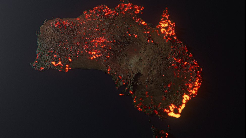 An artist's visualisation of one month of Australia fire data