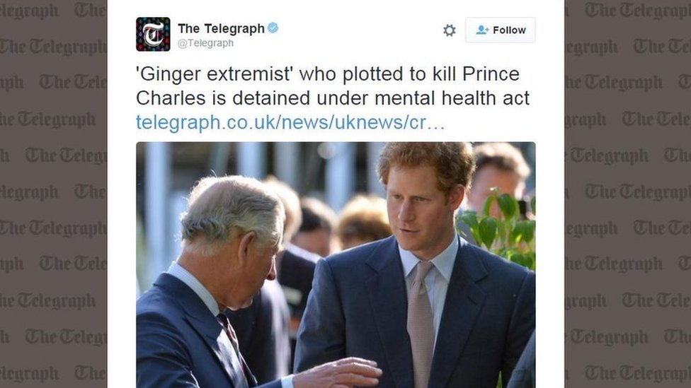 The Telegraph пишет: «Рыжий экстремист, который планировал убить принца Чарльза, задержан по закону о психическом здоровье» с фотографией принца Чарльза и его рыжего сына принца Гарри