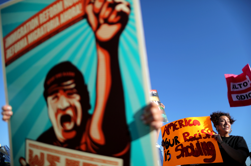 People protest outside the Immigration and Customs Enforcement (ICE) immigration detention centre in Adelanto, California