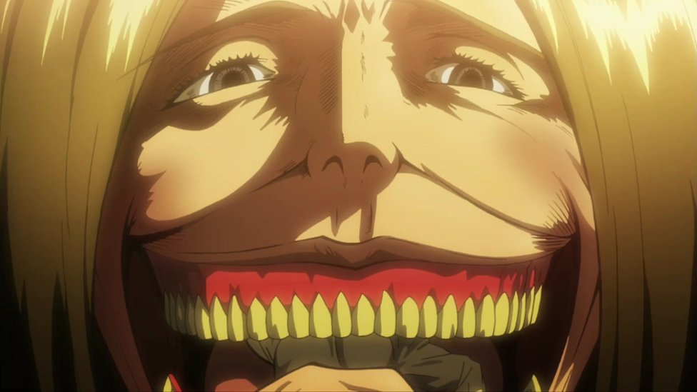 A still from the anime shows the Titan that ate Eren's mother