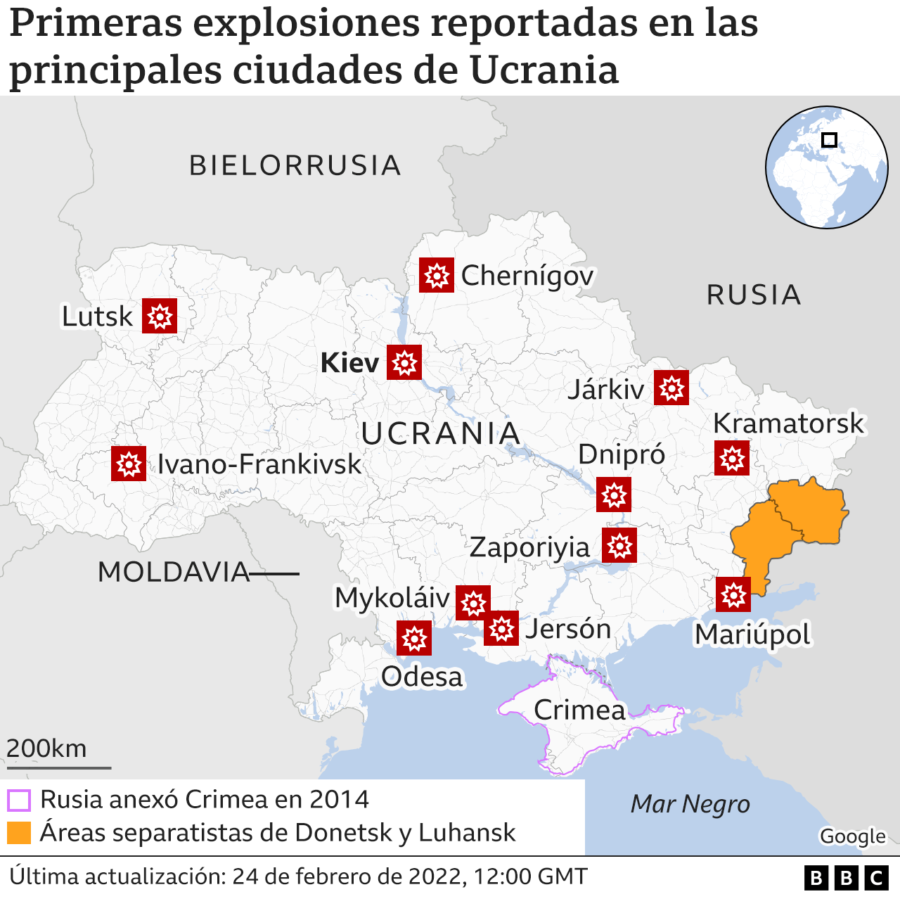 Mapa de las ciudades donde se reportaron las primeras explosiones