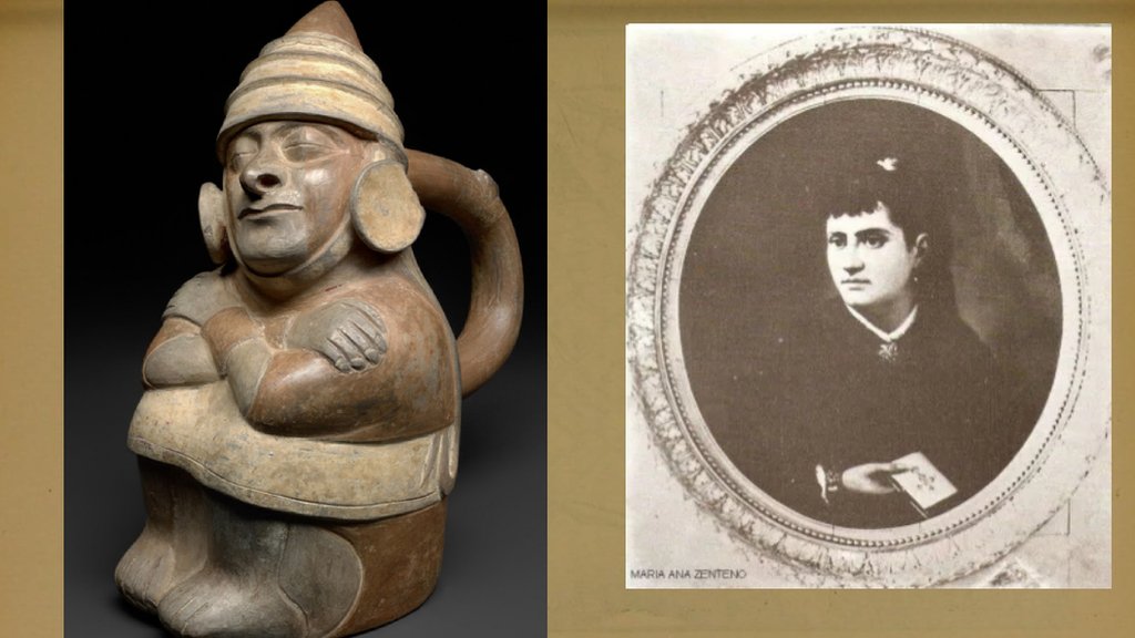 Figura sedente antropomorfa (cultura moche) y retrato de la Sra. Centeno