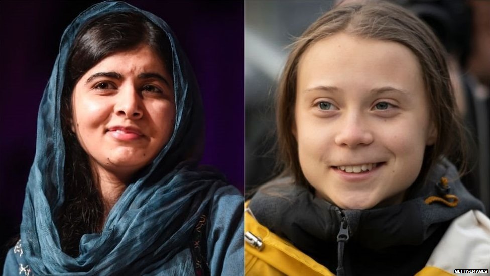 Photo collage showing Malala Yousafzai and Greta Thunberg
