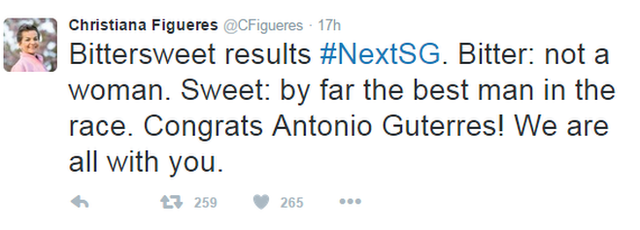Tweet: «Сладко-горькие результаты #NextSG. Горько: не женщина. Сладкое: безусловно, лучший мужчина в гонке. Поздравляю, Антонио Гутерриш! Мы с тобой».