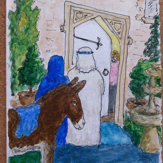На рождественской открытке Дэвида Хэндфорда изображены Мэри и Джозеф у дверей дома престарелых