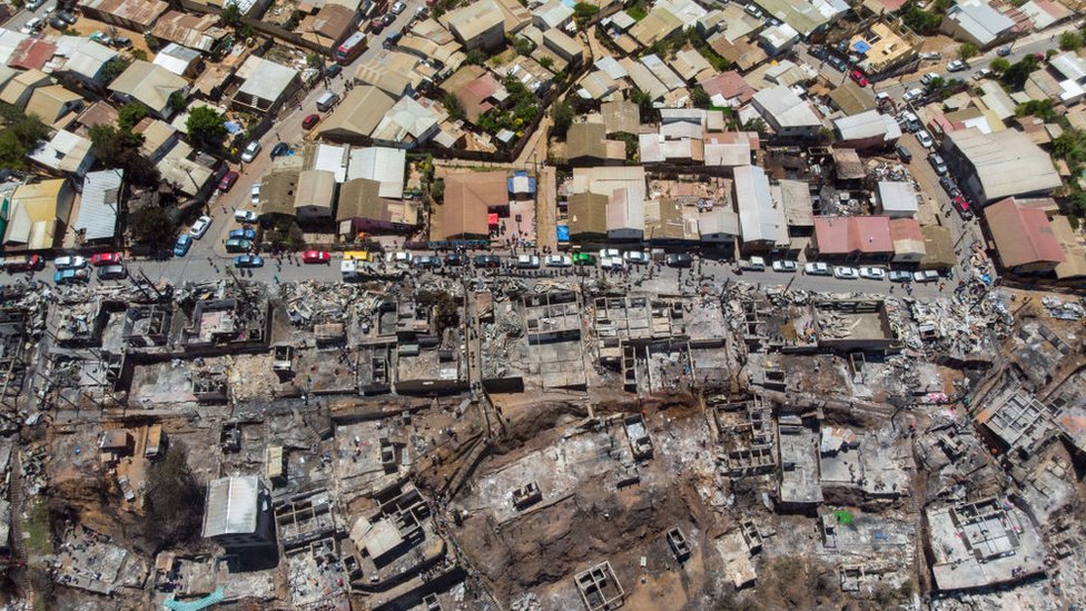 Imagen aérea de la zona quemada en Valparaíso.