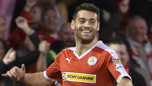 David McDaid celebrates after scoring Cliftonville's winner in the Europa League play-off against Glentoran