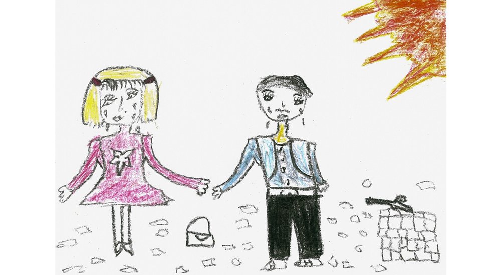 Un dibujo de un niño refugiado sirio que muestra a una niña y a un niño llorando.