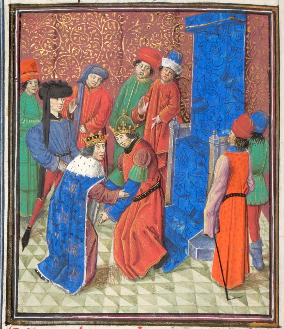 El emperador Manuel I Comneno se reúne con el rey Amalarico I de Jerusalén. Miniatura del libro Historia de William of Tyre, años 1460