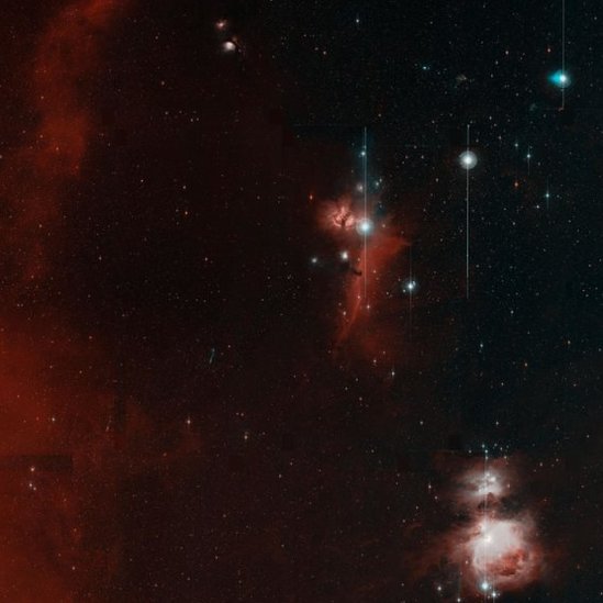La nebulosa de Orión se encuentra en la esquina inferior derecha. Foto: Caltech Optical Observatories