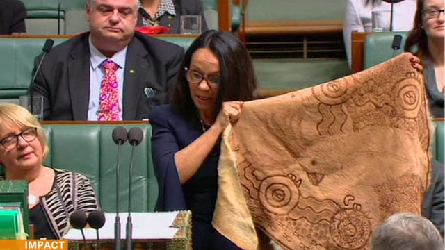 Linda Burney Australian MP with a traditional Aboriginal cloak