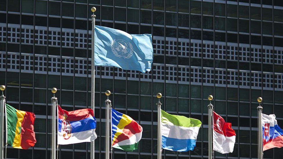 La definición de pueblo es muy disputada. Banderas en la sede de la ONU