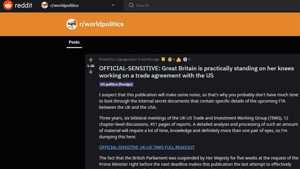 Скриншот сообщения Reddit, в котором были обнаружены конфиденциальные торговые документы США и Великобритании