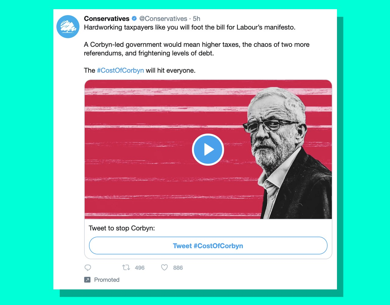 Реклама в Твиттере, размещенная консерваторами. На изображении изображен Джереми Корбин и написано: «Твитните, чтобы остановить Корбина».