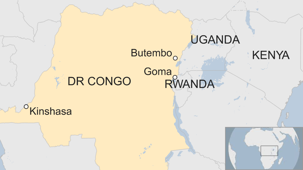 Карта, показывающая расположение Бутембо и Гома в Демократической Республике Конго.