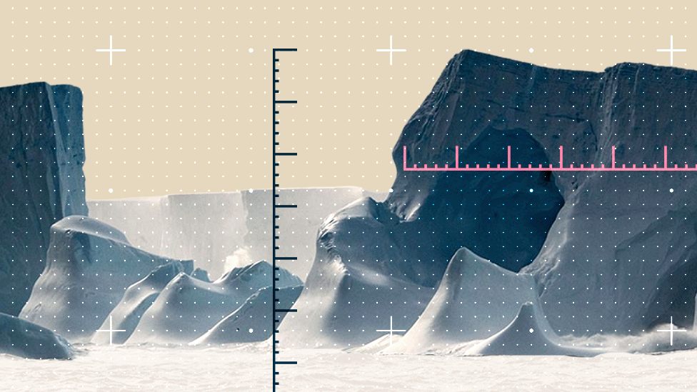 Graphic of icebergs with a sequence of dots across the image and lines used in sights