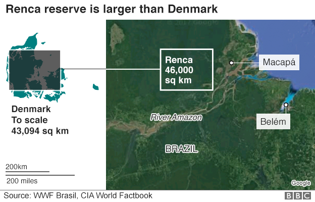 График показывает размер области Ренка по сравнению с размером Дании