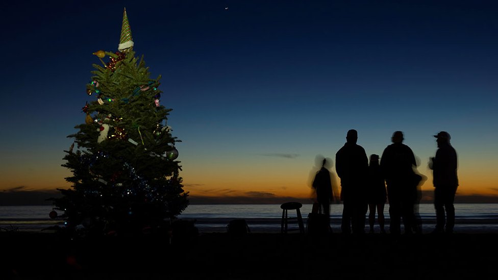Groups of people gather near a Christmas tree on the beach