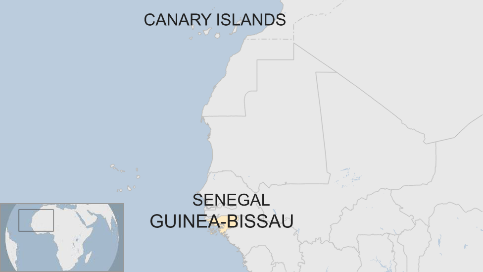Карта, показывающая расположение Гвинеи-Бисау, Сенегала и Канарских островов