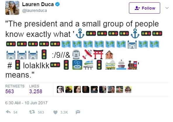 Лорен Дука написала в Твиттере:« Президент и небольшая группа людей точно знаю, что (вставить смайлики) означает ".