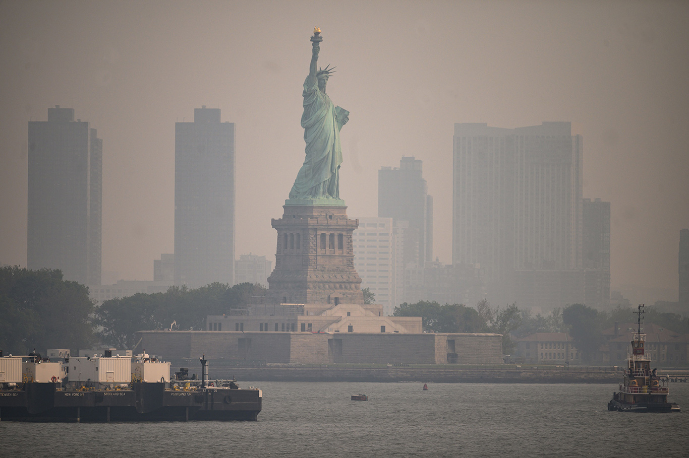 The Statue of Liberty surrounded by heavy smog in New York