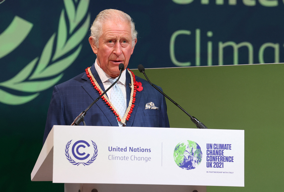 Carlos pronuncia un discurso en el evento de Acción sobre Bosques y Uso de la Tierra el tercer día de la Conferencia Climática COP26 en Glasgow, noviembre de 2021.