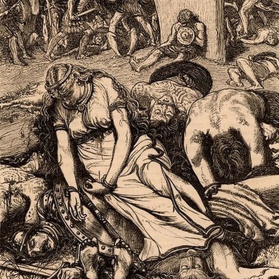 Dibujo en tinta sepia de Boudica después de su derrota por los romanos.