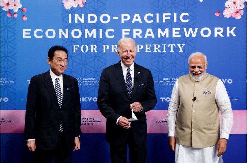 美國總統拜登、印度總理莫迪和日本首相岸田文雄出席了5月23日在日本東京泉花園畫廊舉行的印太經濟繁榮框架（IPEF）啟動活動。