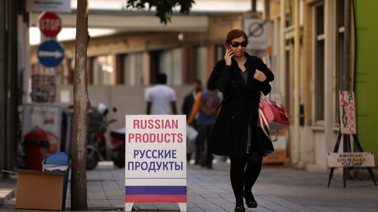 A street in Nicosia, Cyprus, with a signboard saying "Russian products"