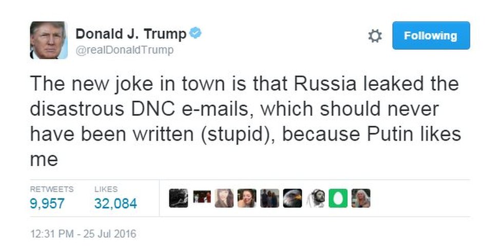 Твит Дональда Трампа: Новая шутка в городе заключается в том, что Россия слила ужасные электронные письма DNC, которые никогда не должны были быть написаны (глупо), потому что я нравлюсь Путину