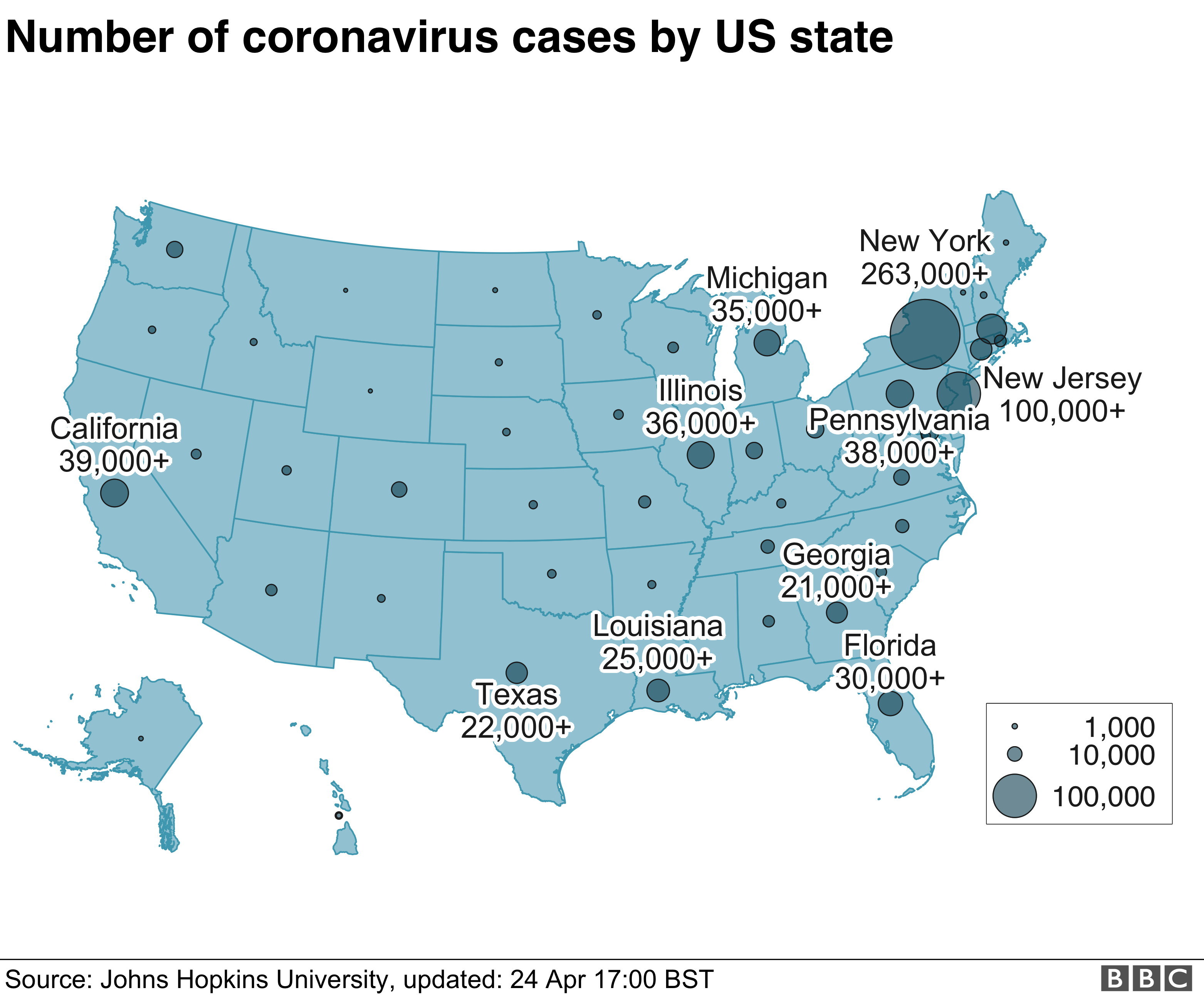 Карта с указанием случаев заболевания в Соединенных Штатах.В Нью-Йорке гораздо больше подтвержденных случаев, чем в любом другом штате