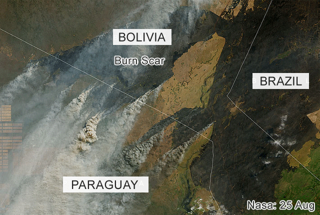 Спутниковый снимок пожаров в Боливии и Параквае