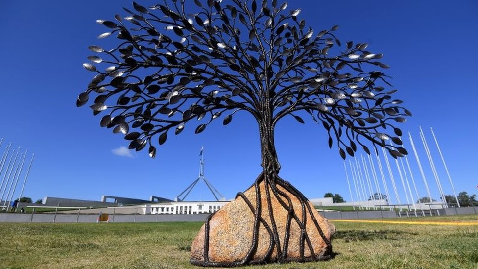 A sculpture acknowledging abuse victims outside Australia's parliament on Monday