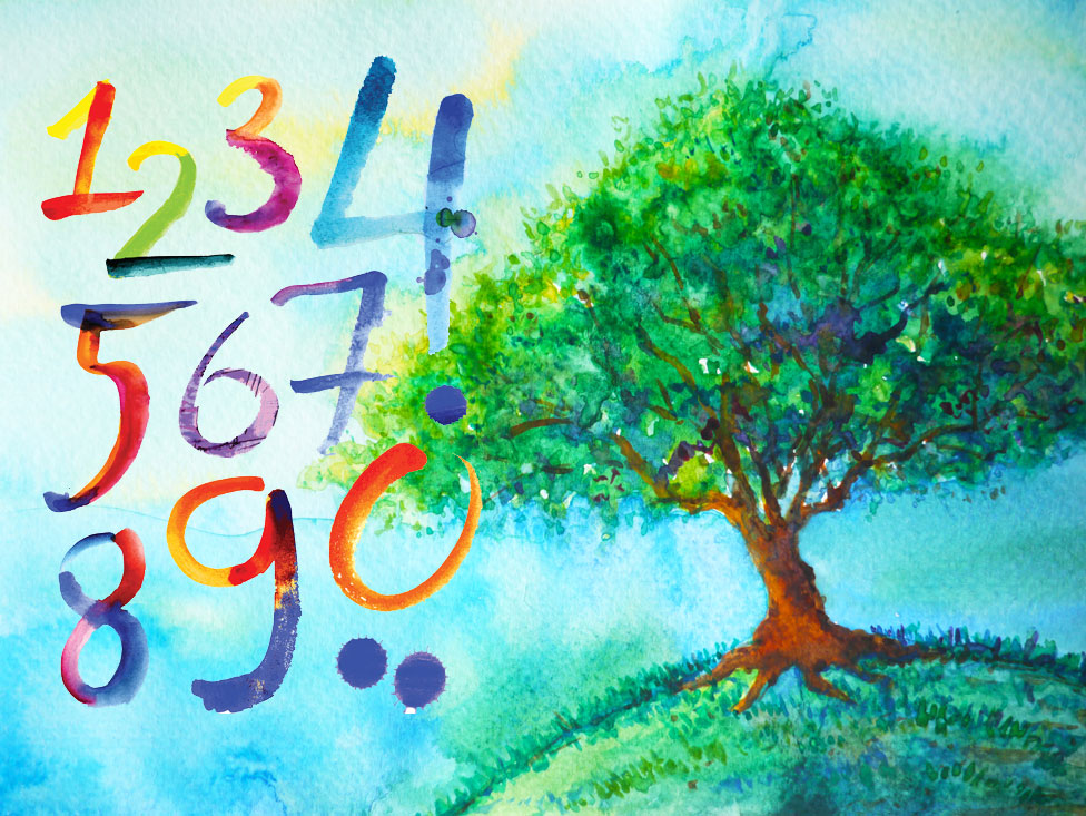 Números en pintura de árbol y cielo