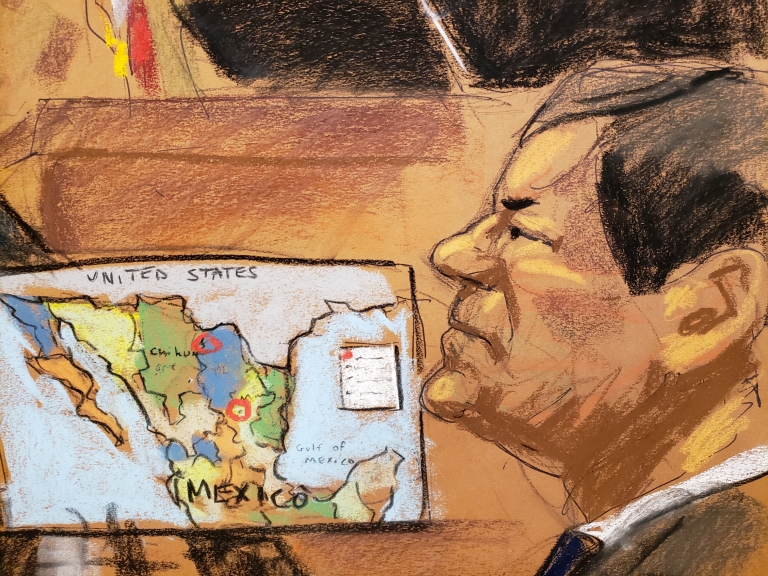 Dibujo de una audiencia durante el juicio contra "El Chapo" Guzmán.