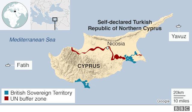Карта, показывающая расположение двух турецких буровых судов у берегов Кипра