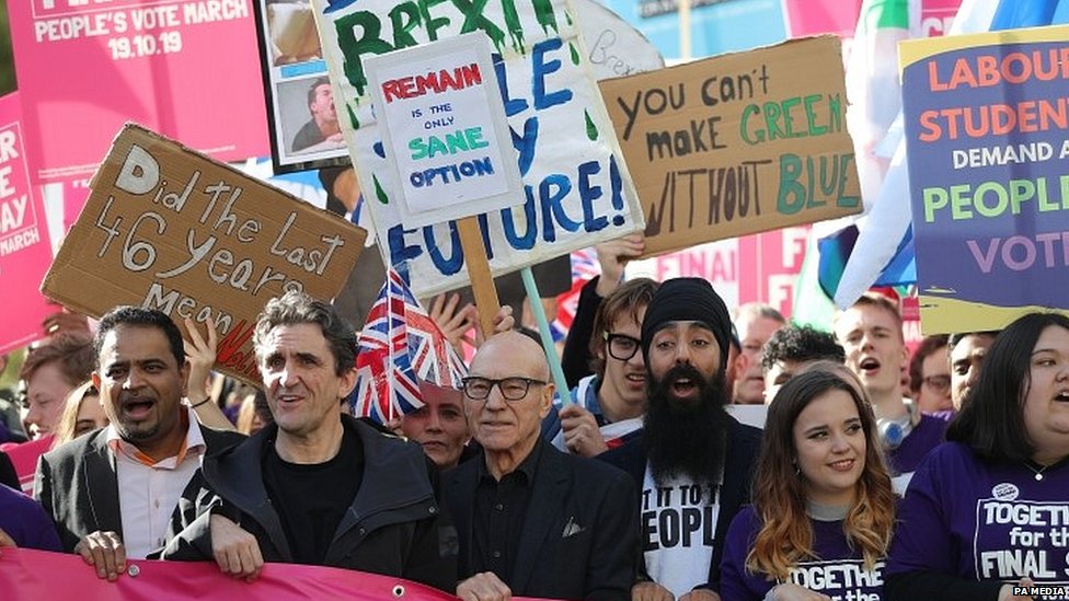 Актеры сэр Патрик Стюарт и Пол МакГанн присоединяются к демонстрации в центре Лондона, призывая к повторному референдуму