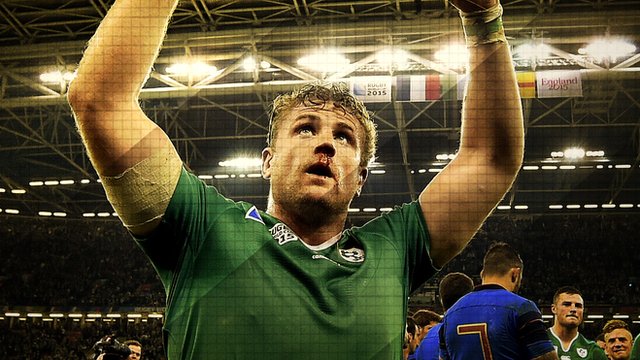 Jamie Heaslip celebrates victory over France at the Rugby World Cup