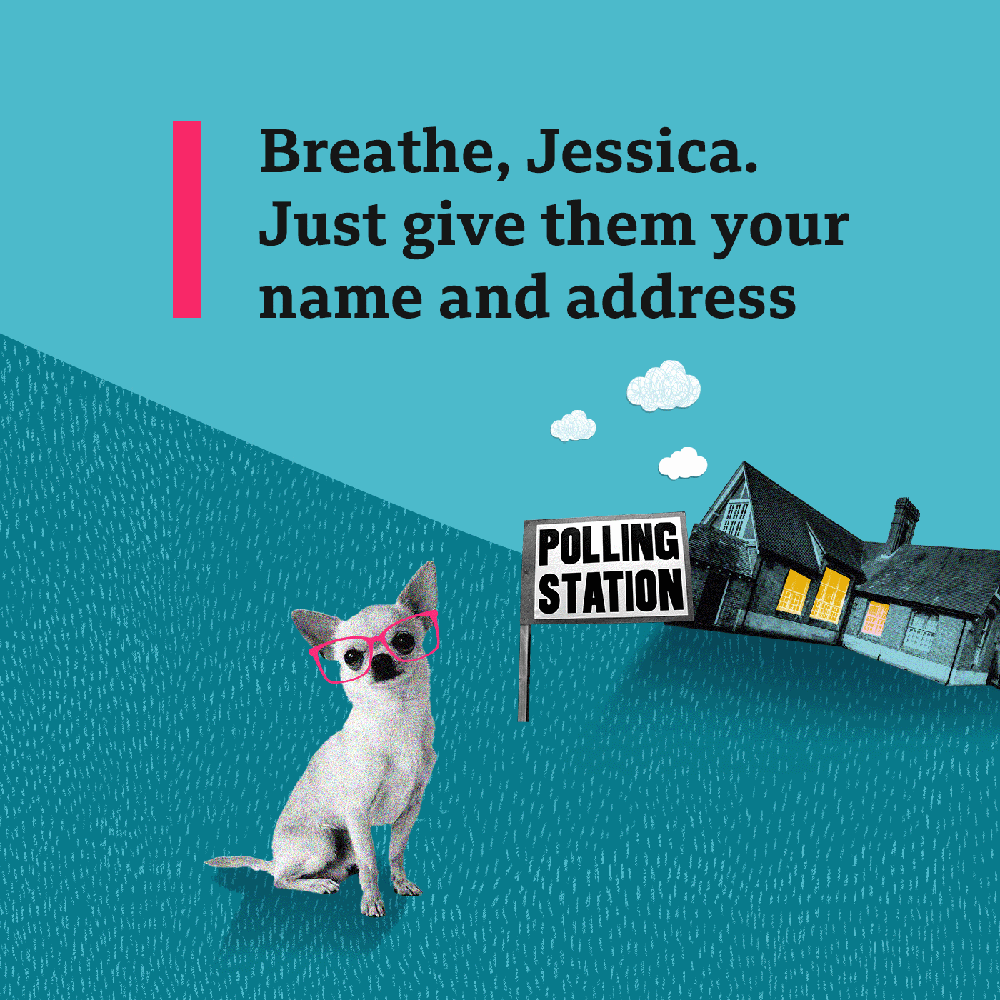 Image reading: Breathe, Jessica. Just give them your name and address.