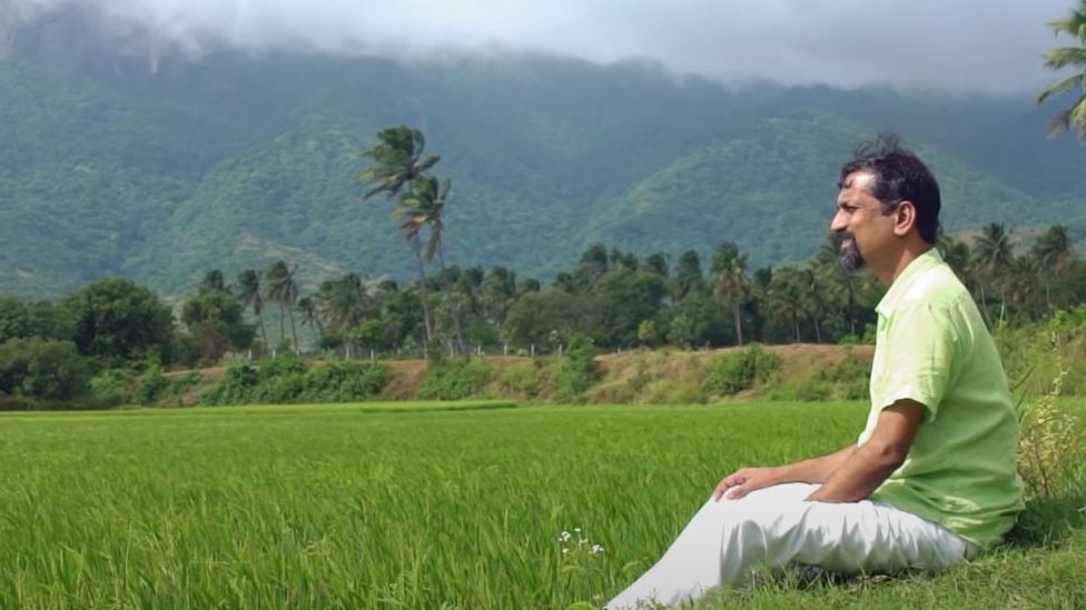Sridhar sentado cerca de un cultivo de arroz
