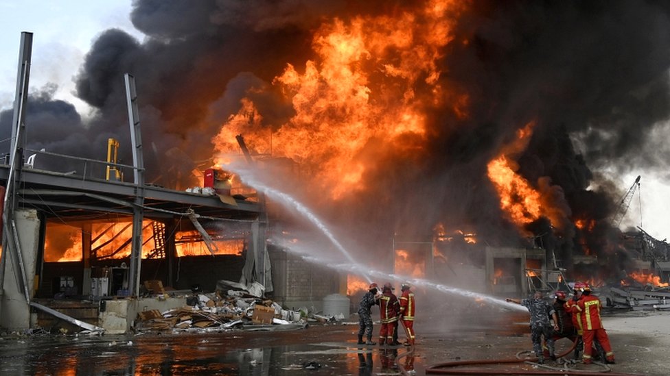 Lebanese firefighters try to extinguish a fire at Port of Beirut, Lebanon, on 10 September 2021